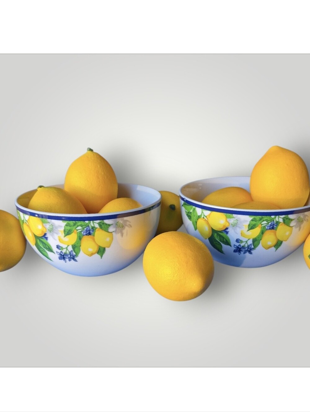 Lemon Print Ceramic Serving Bowls - Blue Trim "Everyday Is A Fresh Start" Print
